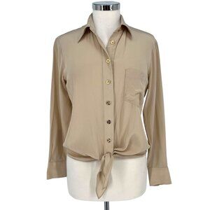 Trina Turk Helinda Silk Tie-Front Blouse Beige Tan Long Sleeve Size Small